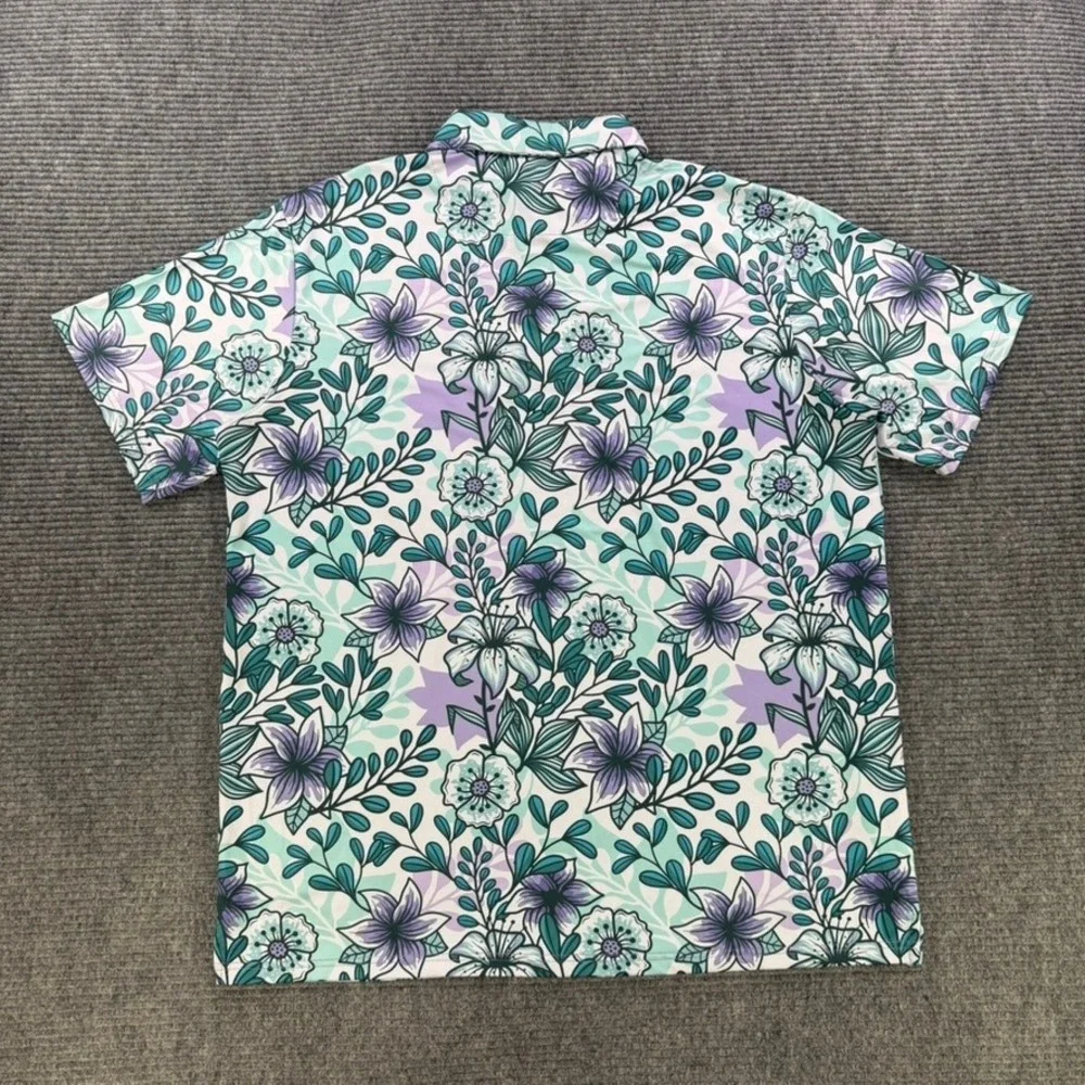 Pins & Aces Golf Polo Shirt Mens XXL Floral Purple Teal Performance Short Sleeve